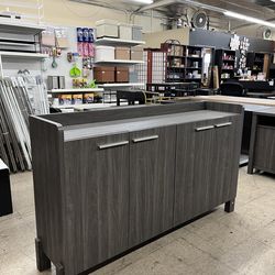 62" Cabinet Wooden Large Dining Server Cupboard Buffet Table w/ Two Storage Cabinets - Washed Grey