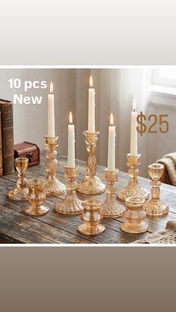 10 Pcs Glass Taper Crystal Candle Holders,Classic,Gold Taper Candle Holders Bulk Crystal Taper Holder Stand Glass Candlestick Holder Different Height