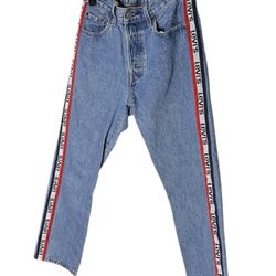 Levis 501 Logo stripe crop straight jeans in spectator sport size 27x26