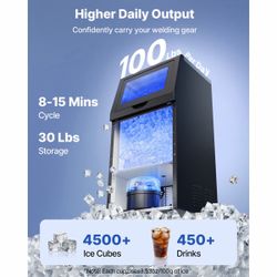 New Commercial Ice Maker Machine, 100 lbs/24h with 30 lbs Storage Capacity, Built-in/Freestanding/Under Counter, Stainless Steel Ice Maker with LED Di