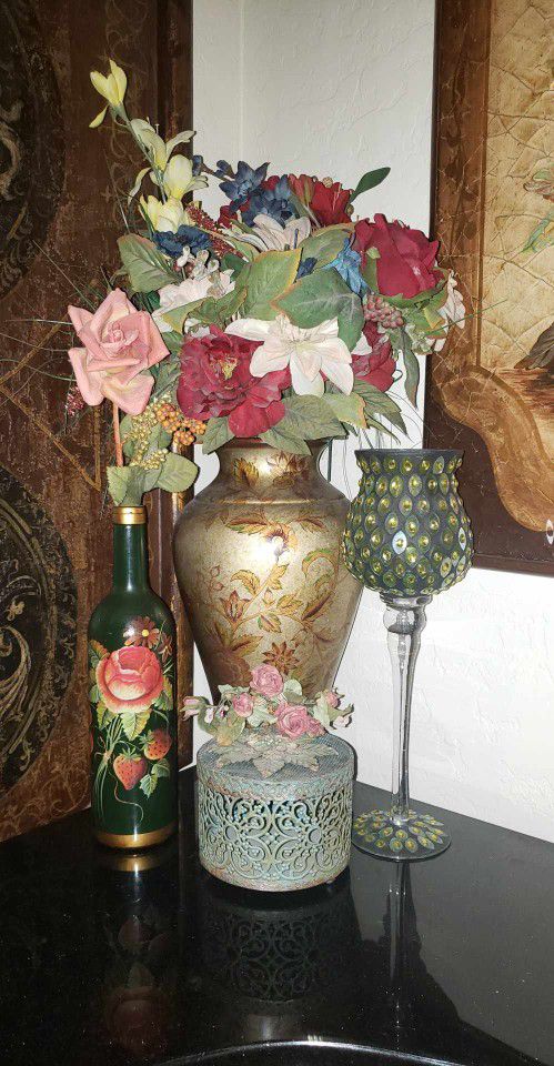 VINTAGE ORNATE FLORAL FLOWER ROSE METAL JEWELRY BOX VASE WINE GLASS LOT