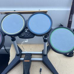 Playstation PS2 PS3 Rock Band Drum Set Wired BUNDLE w/ Guitar, Game Dongle