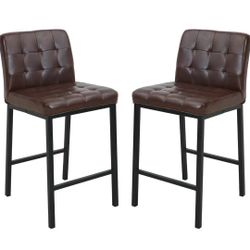 Bar Stools 26-Inch 2-Piece Set with Backrest, Metal Legs PU Leather Mid-Century Modern Upholstered Counter Height Stool for Kitchen Island Counter