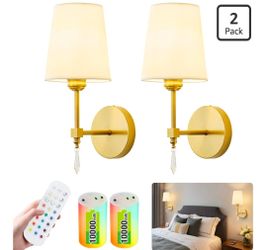 Wireless Wall Sconces Set of 2 – Rechargeable 10000mAh, Remote, RGB, Gold