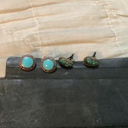 2 Pair Signed Sterling Turquoise/ Jade Earrings 