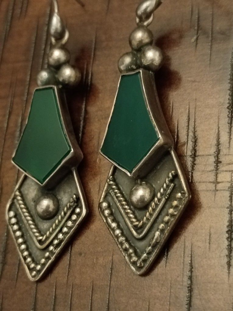 Vtg Vintage 925 Sterling Silver Green Stone Inlay Drop Earrings 