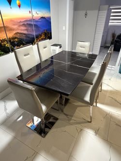 El Dorado Luxury Marble Dining Set + Genuine Leather Chairs + Kitchen Island