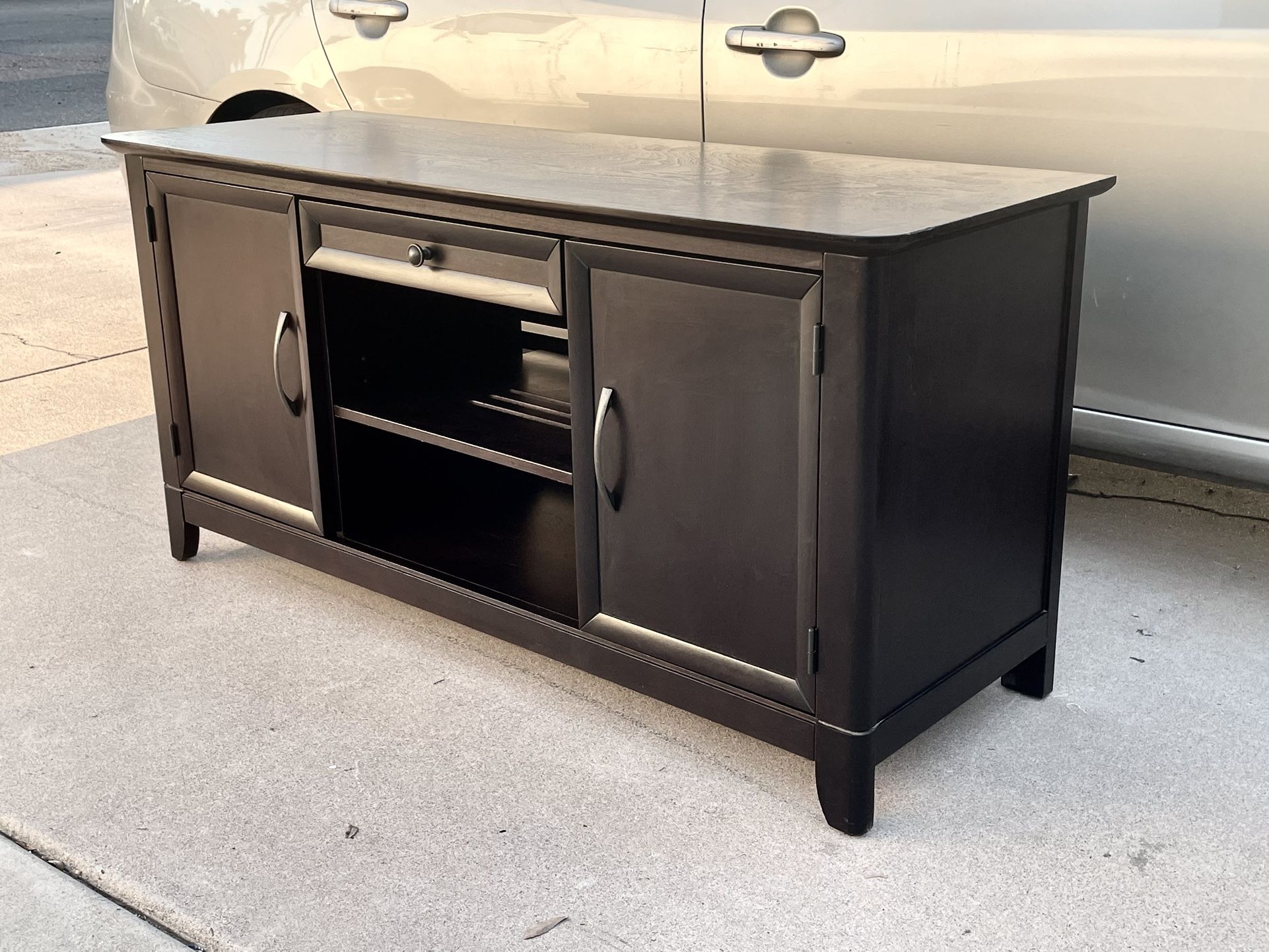 Super Nice Dark Espresso 54” Claremont Console Table w/ Vented Adjustable Shelves & Drawer