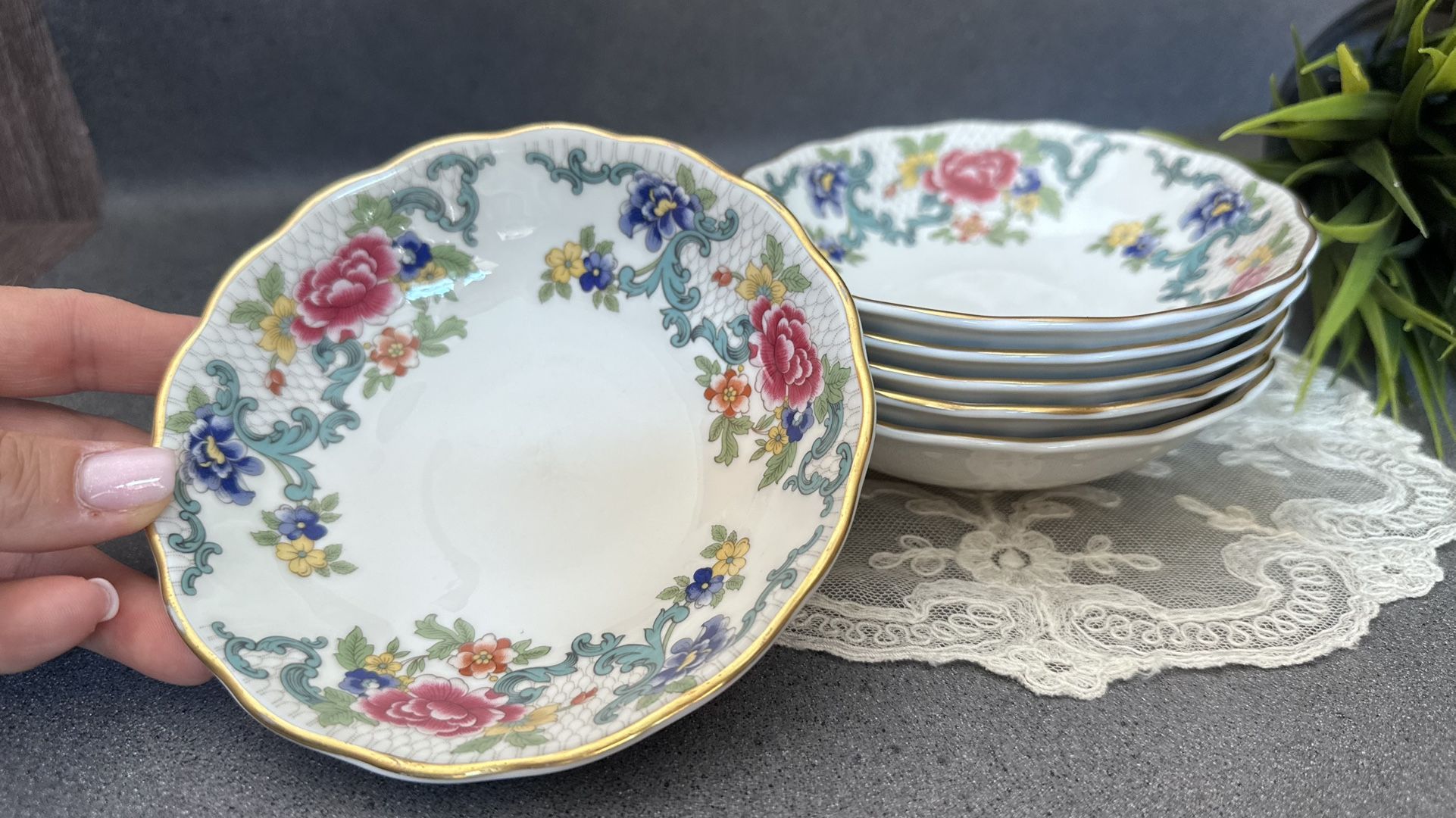 Vintage Floral Porcelain Saucers with Gold Trim. Set of 6.