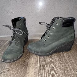 Timberland Amston Boots Sz US 6.5 Black Nubuck Leather Ankle Wedge Womens 8253A 