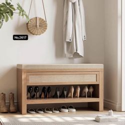 32” Shoe Bench with Storage Drawer, Farmhouse Entryway Bench with Linen Seat Cushion, Wooden Shoe Rack with Shelf, Oak