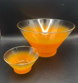 VTG BLENDO Orange Chip and Dip Set Orange Frosted Glass Bowls W/Gilding On The Rims