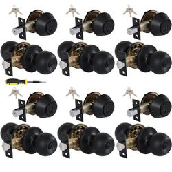 (6 Sets) All Keyed Same Entry Knobs&Single Cylinder Deadbolt for Exterior Front Doors, Matte Black Finish Round Ball Entry Door Lock with Same Keys by