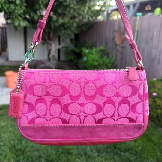 バッグ Coach Signature Demi Leather Pouch Pink Coach Signature Demi Pink Canvas Leather Mini Shoulder Bag