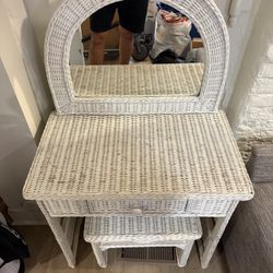 White Wicker Vanity with Stool 