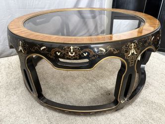 Vintage Chinoiserie Black & Gold Lacquer Smoked Glass Round Coffee Table
