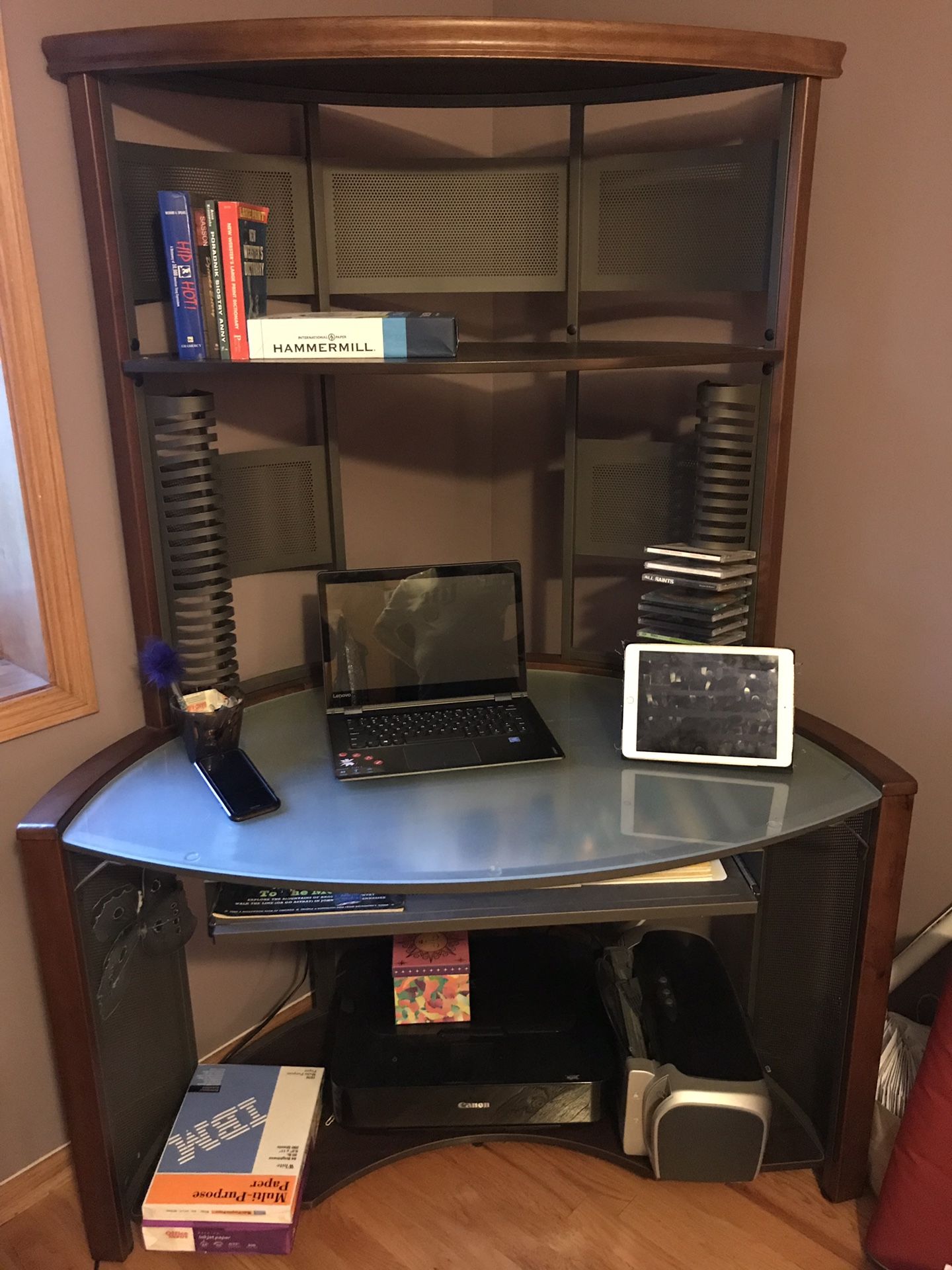 Corner desk with the glass top and sliding drawer