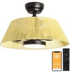 21 in. LED Modern Indoor Black and Gold Semi Flush Mount Ceiling Fan Light with Remote and App Control with Rattan Shade