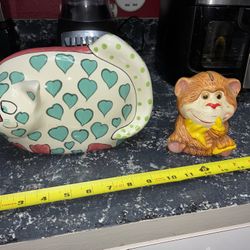(2) Vintage Ceramic Piggy Bank (s) Monkey Ganz "Heartly" ceramic cat coin bank