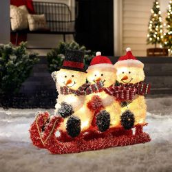 Snowman Family Trio on Sled with Lights Outdoor Holiday Decoration ,HD2128