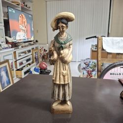 Vintage 70's Hand Painted & Carved Wood Statue Woman In Rustic Attire Folk Figure 16" Tall 
