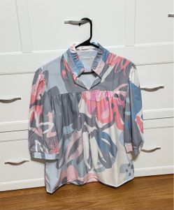 Women’s Large Pink & Blue Print Tunic Blouse – Never Worn