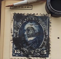 1894 Scott #259 Henry Clay Dark Blue 15-Cent Stamp Unwatermarked Post Marked Canceled, Writing on back. Scott #259 The stamp in the image is a 15-cent
