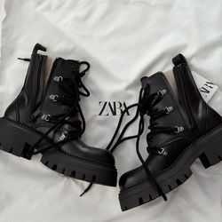 NEW Unisex Zara black combat-style ankle boots, size EU 39/US 8