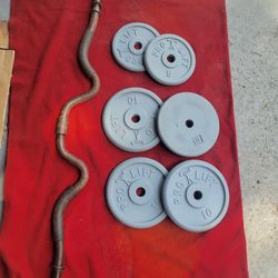 1" HOLE  EZ-CURL BAR AND 50LBs
2-5s.     4-10s.  
11525 S HALSTED DUNKIN DONUTS/7111.S WESTERN WALGREENS 
50$  CASH ONLY AS IS 