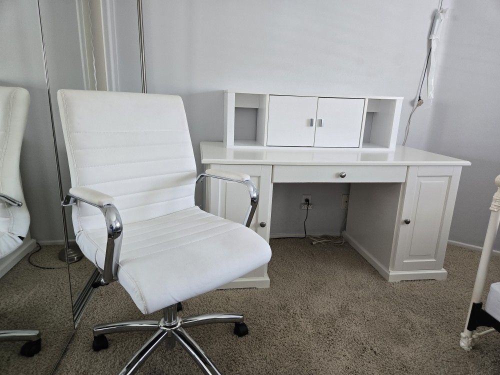 White Desk, Credenza & White Chair