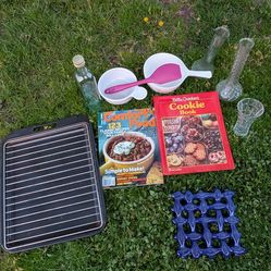 Cooking/baking supplies and cookie recipe book and magazines