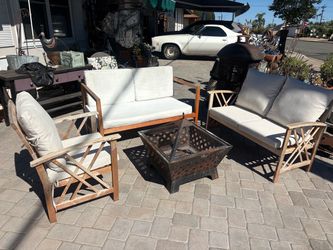 Outdoor wooden patio furniture, set with fire pit and cushions