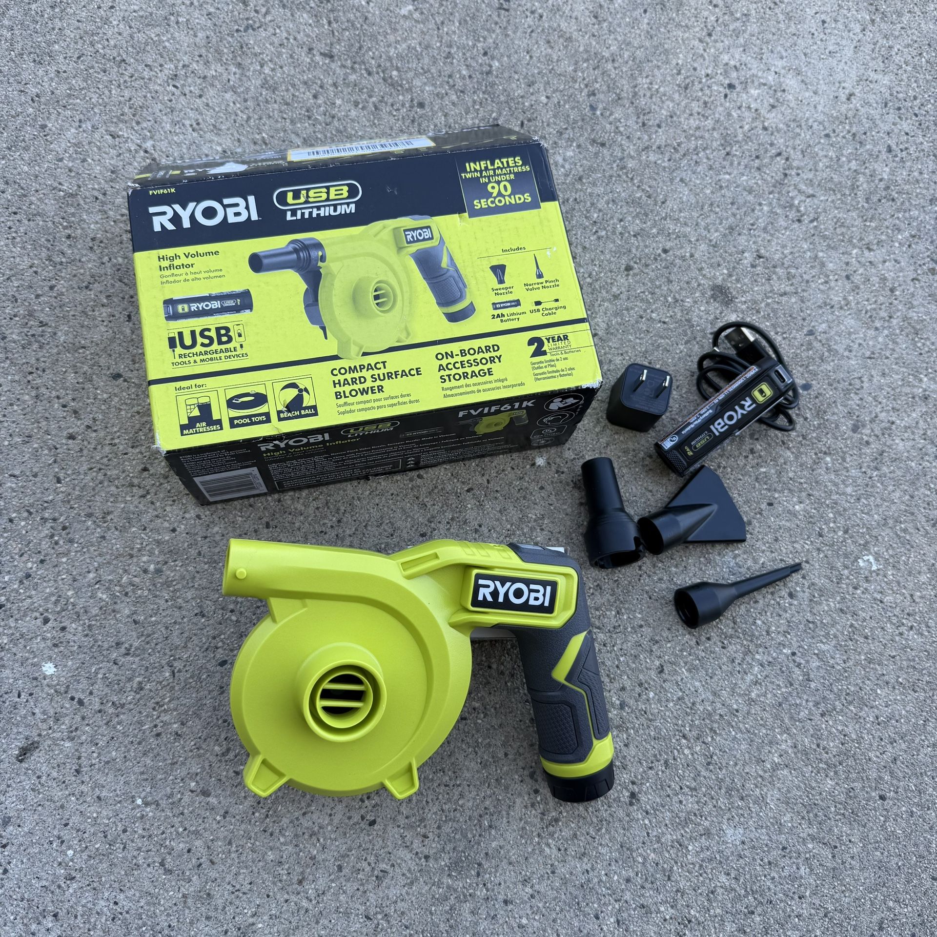 RYOBI USB Lithium Cordless High Volume Inflator Kit with USB Lithium 2.0 Ah Battery and Charging Cable