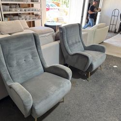 2 Piece Grey Armchair with Brass Legs