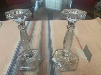 Vintage  Pair of Etched Glass Heavy Glass Candlesticks 