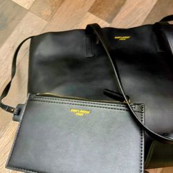 YSL Saint Laurent Black Leather Tote + Pouch