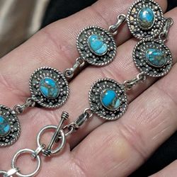 Blue Copper Turquoise Tennis Bracelet Sterling Silver