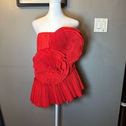 Y2K Red 3D Rosette Strapless Top | Dramatic Pleated Floral Statement Peplum
