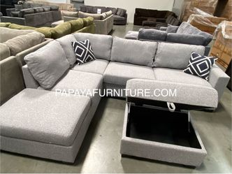 Reversible New Plush Sectional Sofa, Fabric Couch, Grey Sofa, Gray Couch, Sectional with built-in Shelves armrest, Sectional and Ottoman, Storage Otto