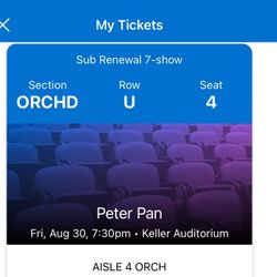 Two tickets to Peter Pan At Keller Auditorium- August 30th at 7:30 pm
