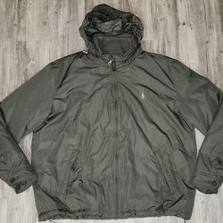 Polo Ralph Lauren Jacket Men's Leather Trim Hood Olive green Vintage Coat 2XL