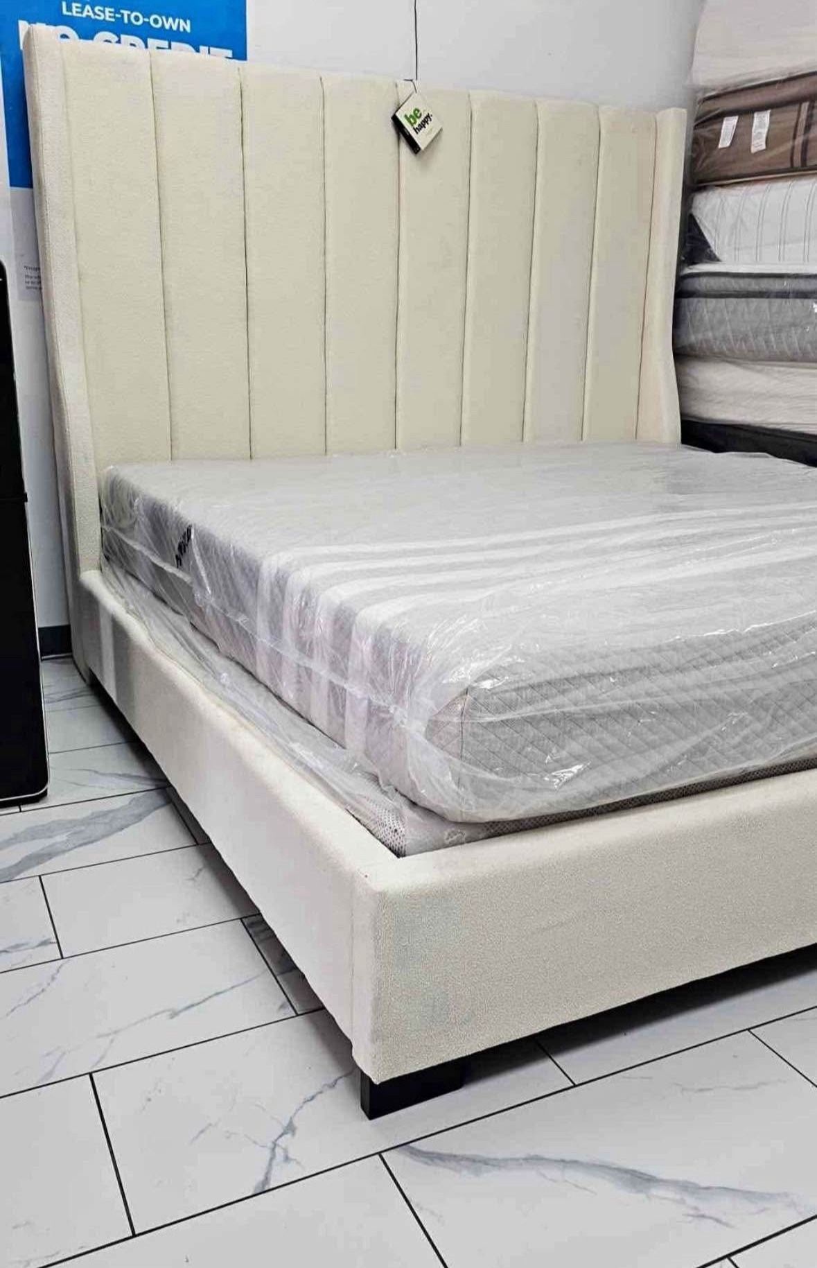 NEW IN BOX- 6FT Off White Boucle Fabric Bed Frame King and Queen Size