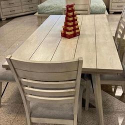 6 Pcs Dining Room Set Dining Table 4 Chairs and Bench White Sand