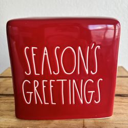 RAE DUNN Holiday SEASON'S GREETINGS Square Tissue Box Cover Excellent Condition