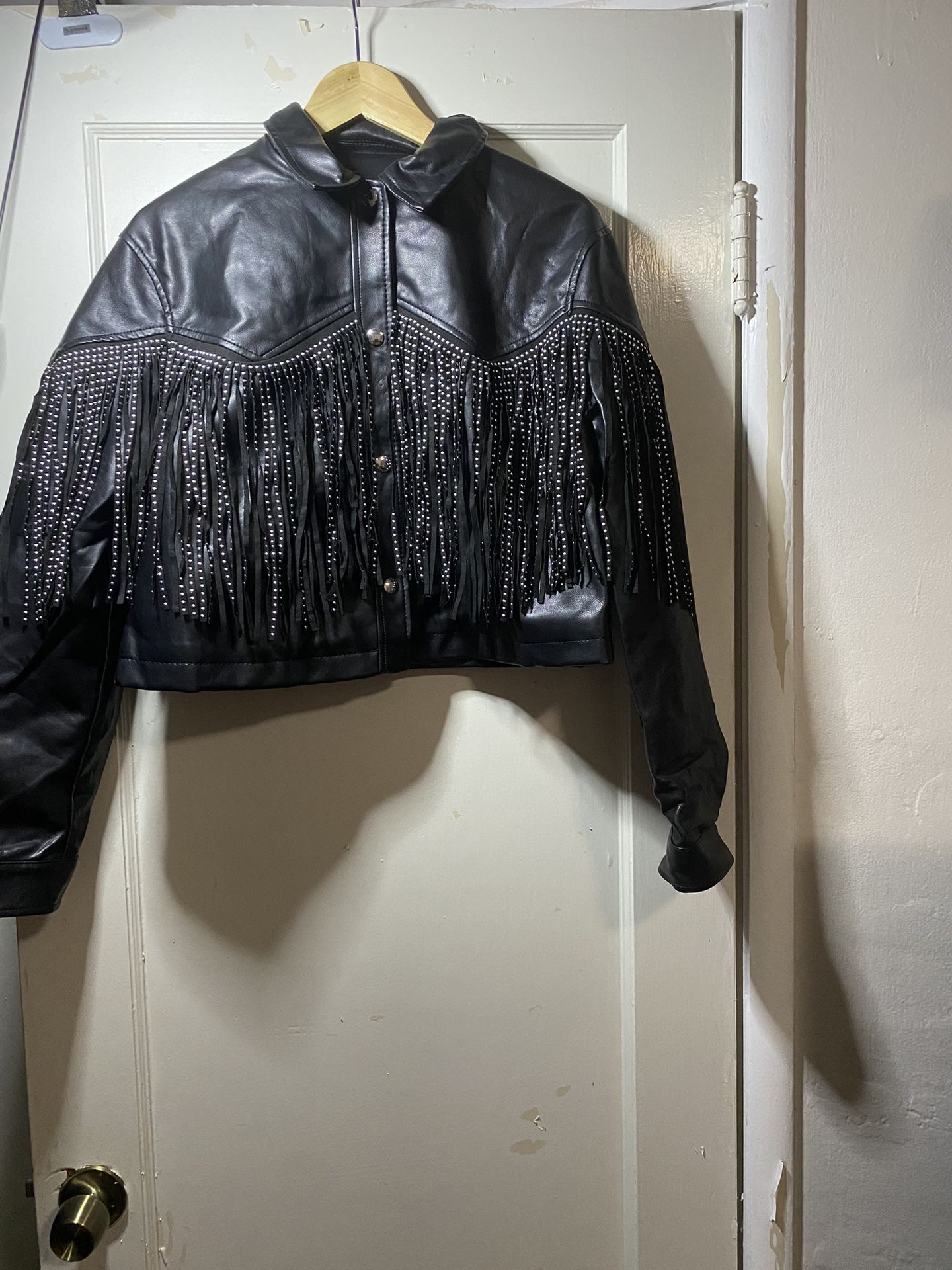 Size Large Studded  Fringe PU Leather Jacket 