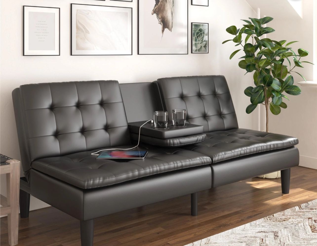 Mainstays Memory Foam Futon/ Full Size Bed with Cupholder and USB, Black Faux Leather