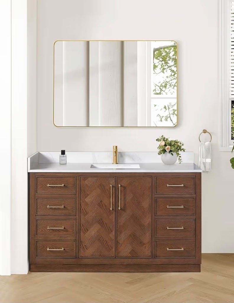 Jakarta 60" Single Bath Vanity in Aged Dark Brown Oak with Silk White Quartz Stone Top