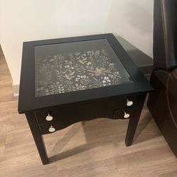 Black Accent Side Table with Glass Top and Floral Inlay