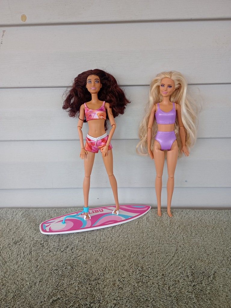2 11" Barbie dolls with a surf board