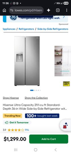 2026 Hisense Stainless Full Depth Side By Side Refrigerator With Ice And Water Plugged In Cold